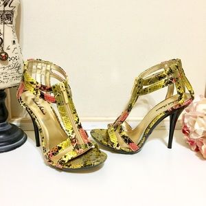 3 Inch colorful snake print strap heels